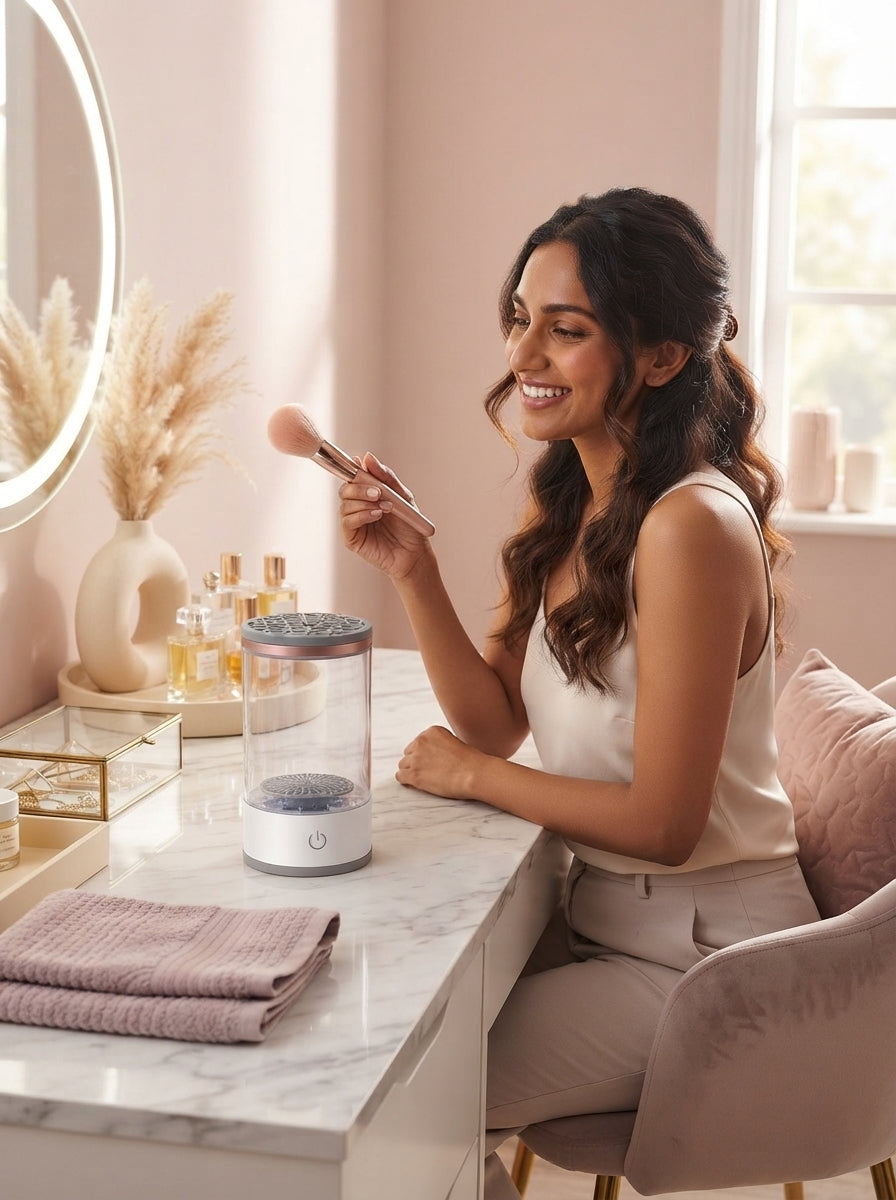 A South Asian woman in a modern vanity room holding a clean makeup brush next to an electric brush cleaner.