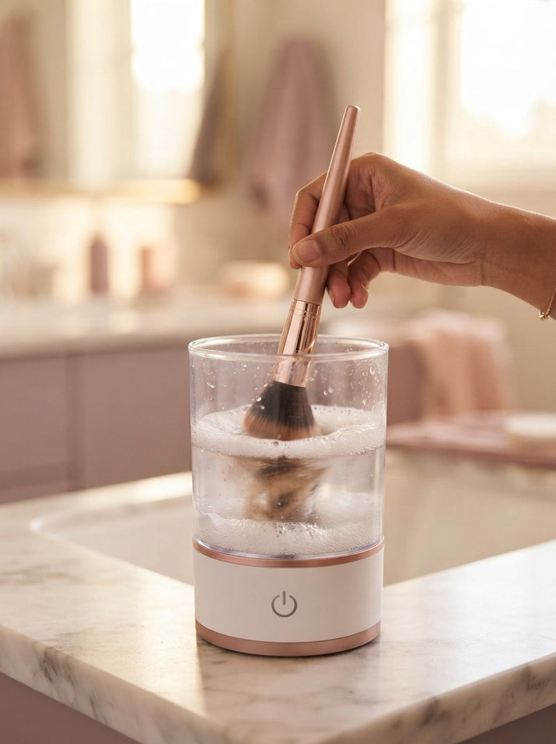 A close-up of an electric makeup brush cleaner spinning a foundation-stained brush in an acrylic bowl filled with soapy water