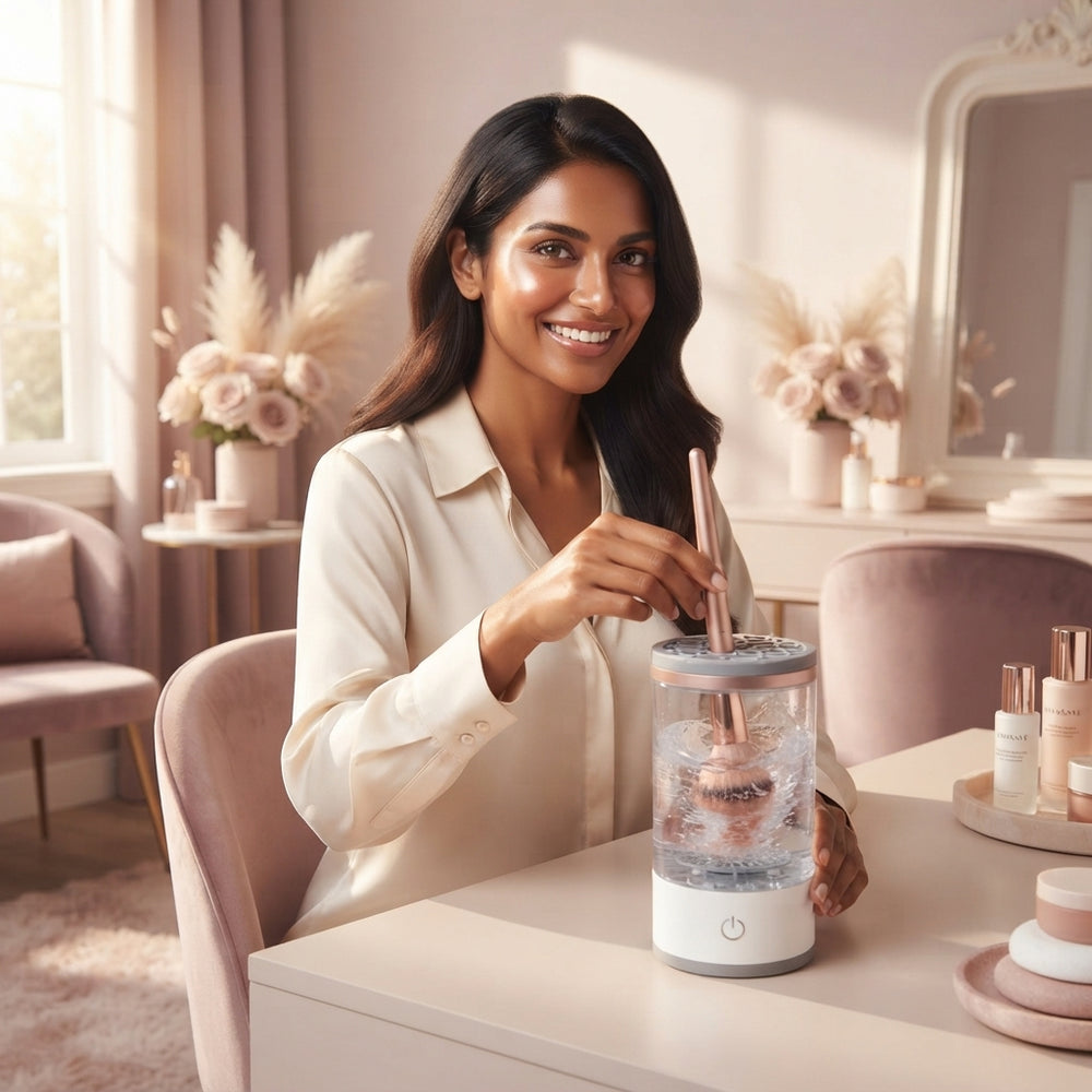 A South Asian woman using an electric makeup brush cleaner in a modern, blush and cream colored vanity space.