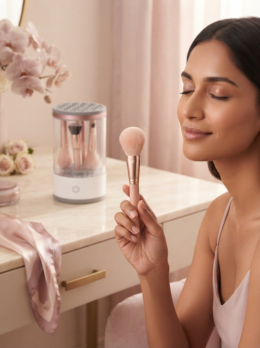 A South Asian woman holding a freshly cleaned makeup brush next to an electric brush cleaner on a luxury vanity.